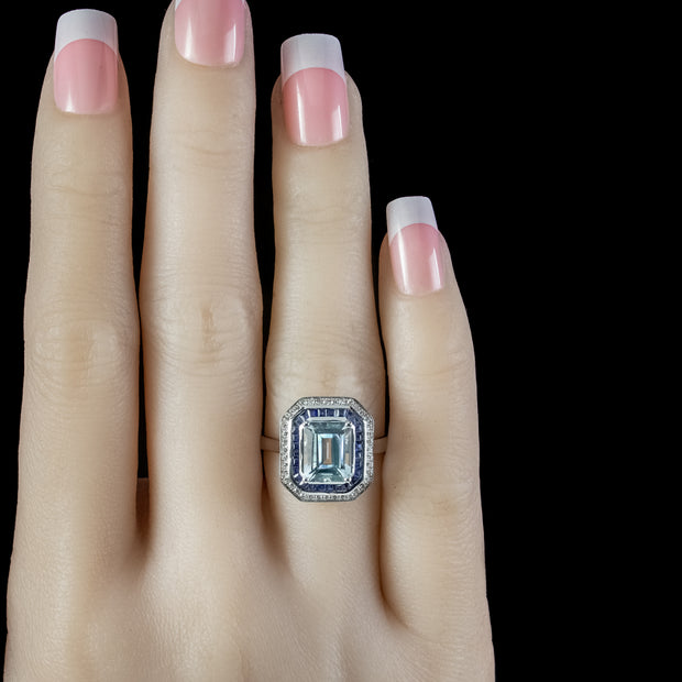 Art Deco Style Aquamarine Sapphire Diamond Ring 3.5ct Aqua
