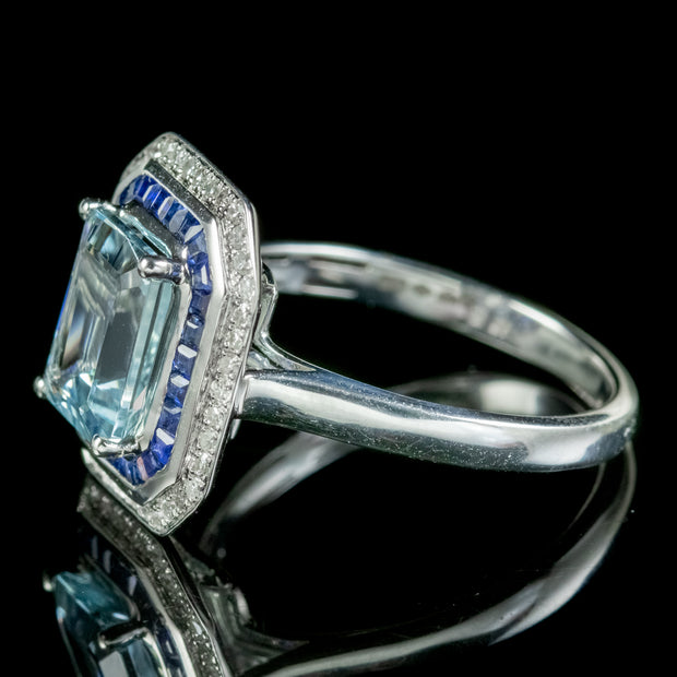 Art Deco Style Aquamarine Sapphire Diamond Ring 3.5ct Aqua