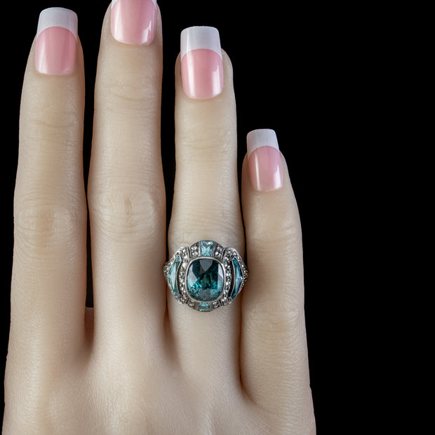 Art Deco Style Blue Zircon Diamond Ring 6ct Of Zircon 