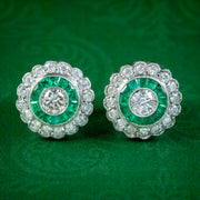 Art Deco Style Diamond Emerald Target Stud Earrings Platinum