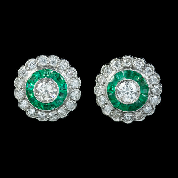 Art Deco Style Diamond Emerald Target Stud Earrings Platinum