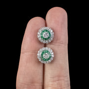 Art Deco Style Diamond Emerald Target Stud Earrings Platinum