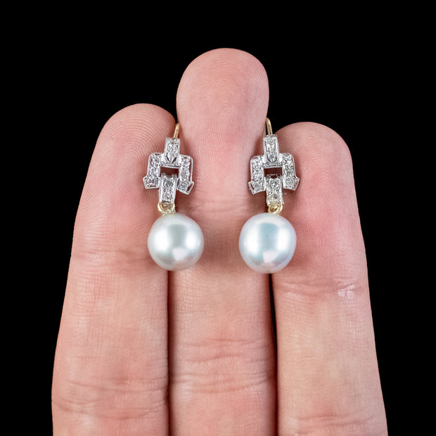 Art Deco Style Diamond Pearl Drop Earrings 0.50ct Of Diamond