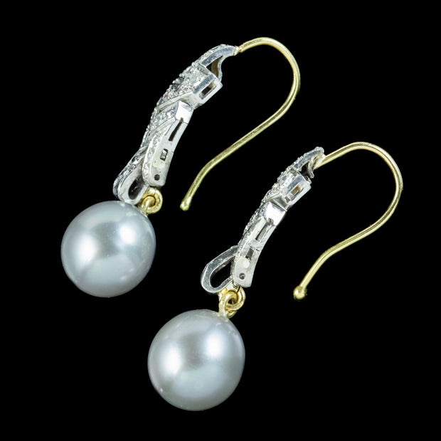 Art Deco Style Diamond Pearl Drop Earrings 1ct Of Diamond