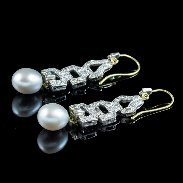 Art Deco Style Diamond Pearl Drop Earrings 2ct Of Diamond