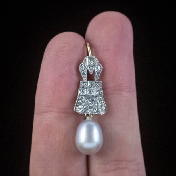 Art Deco Style Diamond Pearl Drop Earrings Platinum