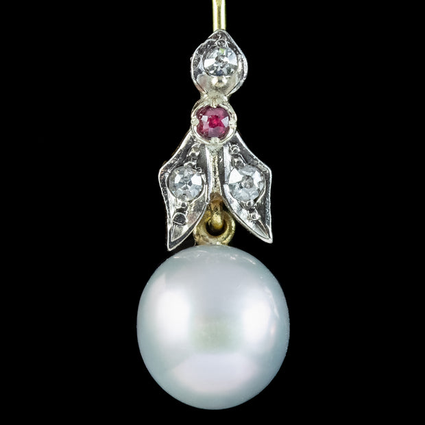 Art Deco Style Diamond Ruby Pearl Drop Earrings Platinum