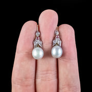 Art Deco Style Diamond Ruby Pearl Drop Earrings Platinum