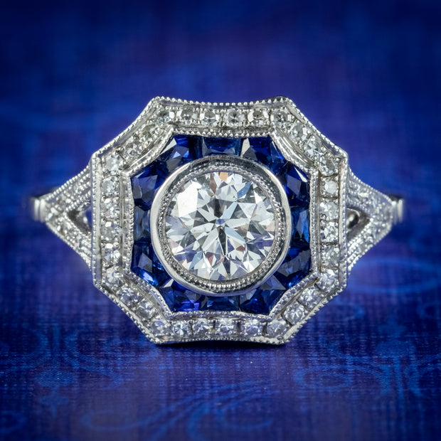 Art Deco Style Diamond Sapphire Ring 1ct Of Diamond