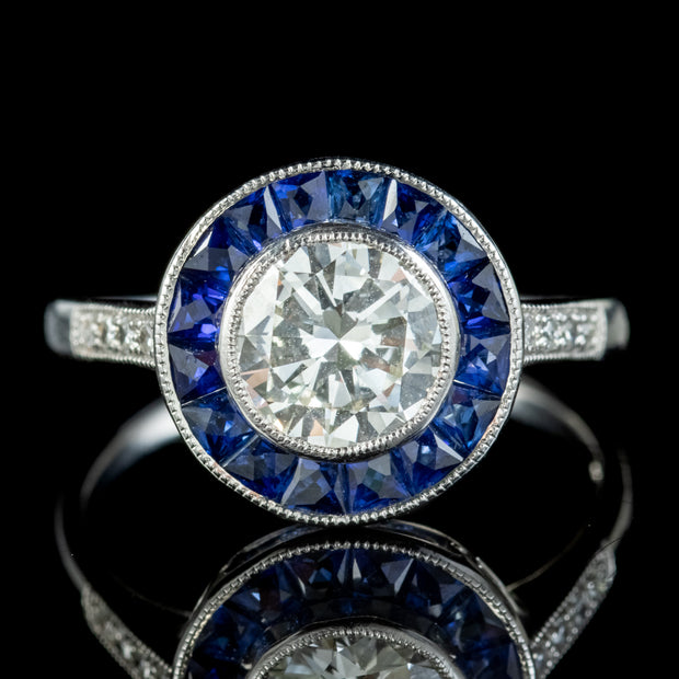 Art Deco Style Diamond Sapphire Target Ring 1.40ct Diamond