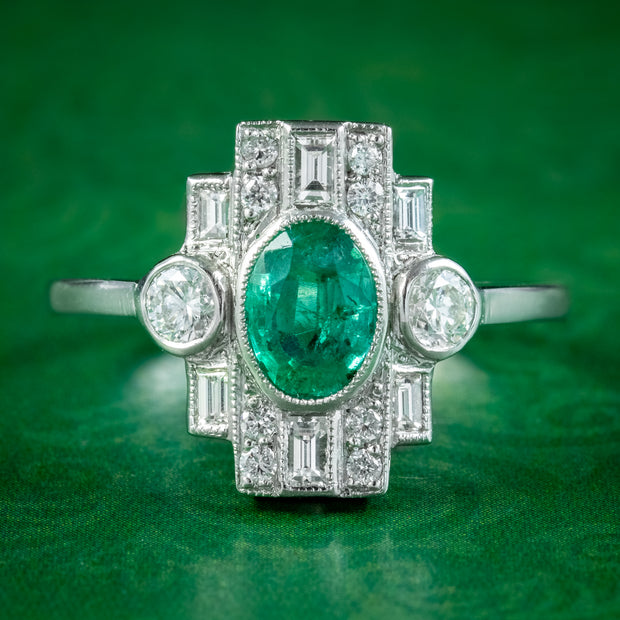 Art Deco Style Emerald Diamond Cluster Ring 0.75ct Emerald 