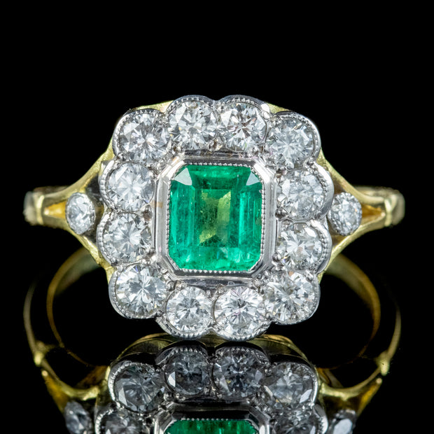 Art Deco Style Emerald Diamond Cluster Ring 0.75ct Emerald 