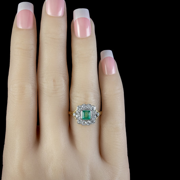 Art Deco Style Emerald Diamond Cluster Ring 0.75ct Emerald 