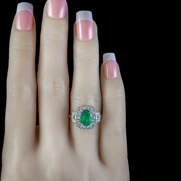 Art Deco Style Emerald Diamond Cluster Ring 1.80ct Emerald 