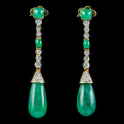 Art Deco Style Emerald Diamond Drop Earrings 18ct Gold 
