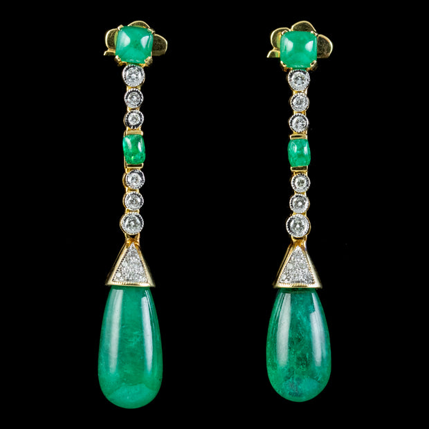 Art Deco Style Emerald Diamond Drop Earrings 18ct Gold 