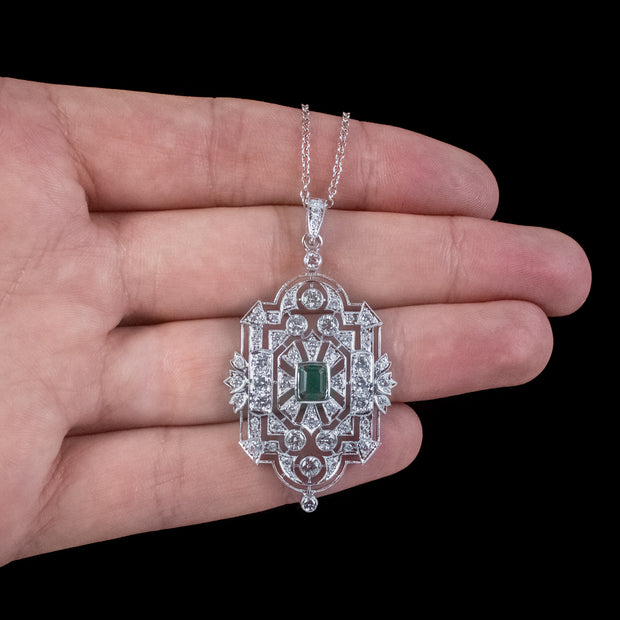 Art Deco Style Emerald Diamond Pendant Necklace 18ct Gold 4ct Of Diamond