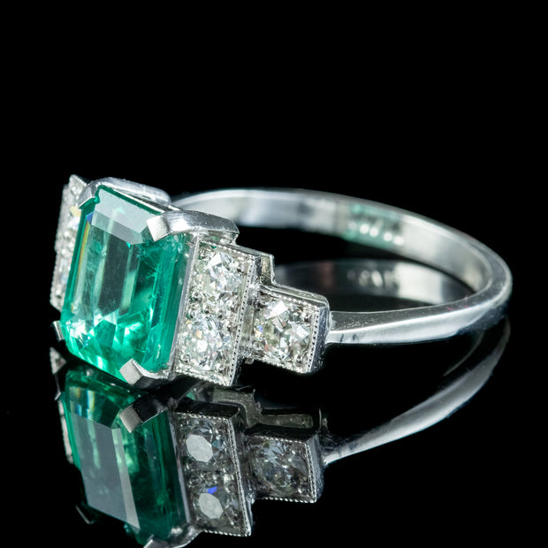 Art Deco Style Emerald Diamond Ring 1.8ct Emerald 
