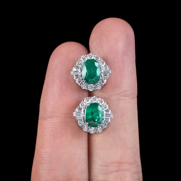 Art Deco Style Emerald Diamond Stud Earrings 18ct Gold
