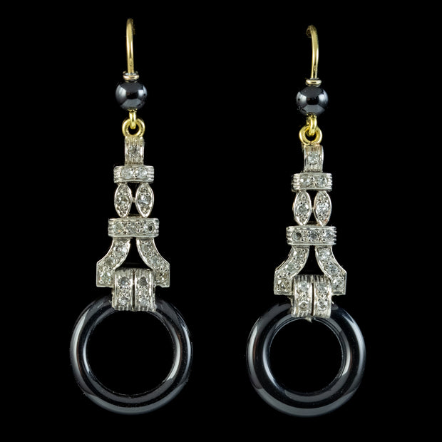 Art Deco Style Onyx Diamond Drop Earrings Platinum 18ct Gold 