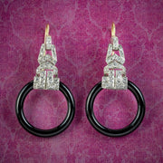Art Deco Style Onyx Diamond Hoop Drop Earrings Platinum 