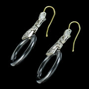 Art Deco Style Onyx Diamond Hoop Drop Earrings Platinum 