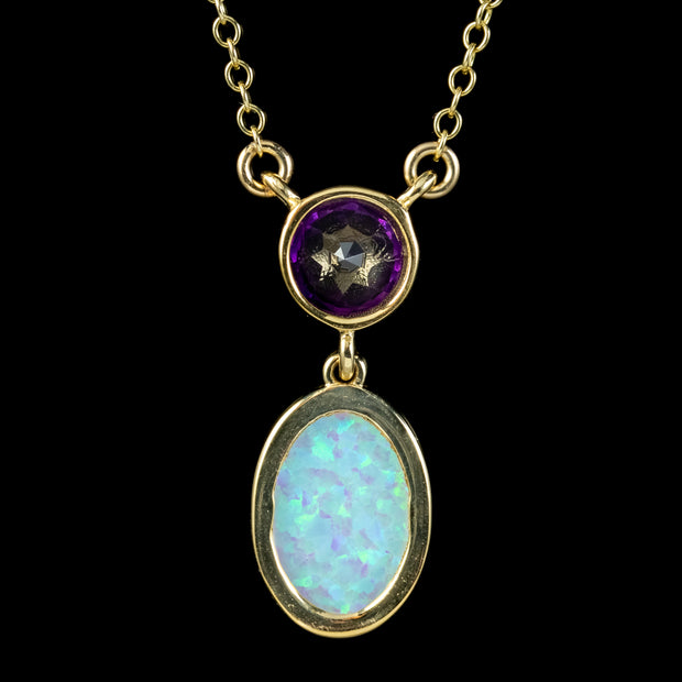 Art Deco Style Opal Amethyst Lavaliere Necklace 9ct Gold back