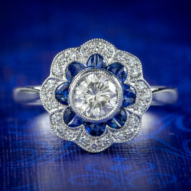 Art Deco Style Sapphire Diamond Cluster Ring 0.80ct Of Diamond
