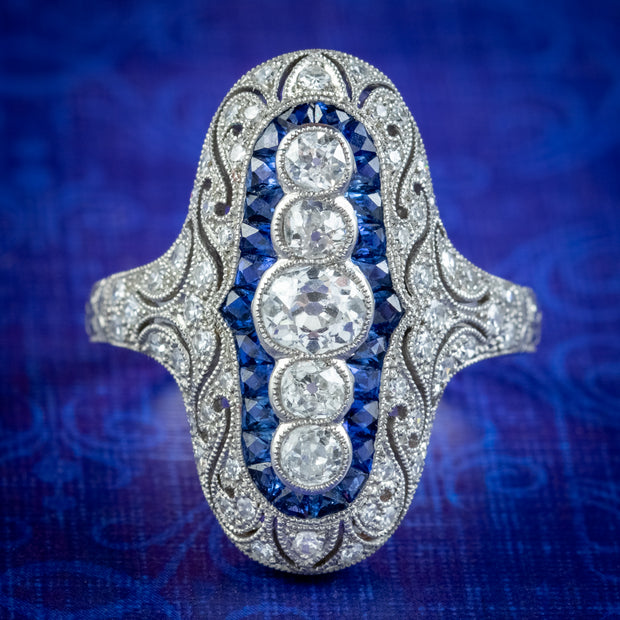 Art Deco Style Sapphire Diamond Cluster Ring 1.50ct Of Diamond