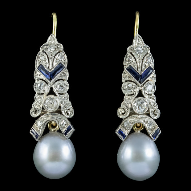 Art Deco Style Sapphire Diamond Pearl Drop Earrings Platinum