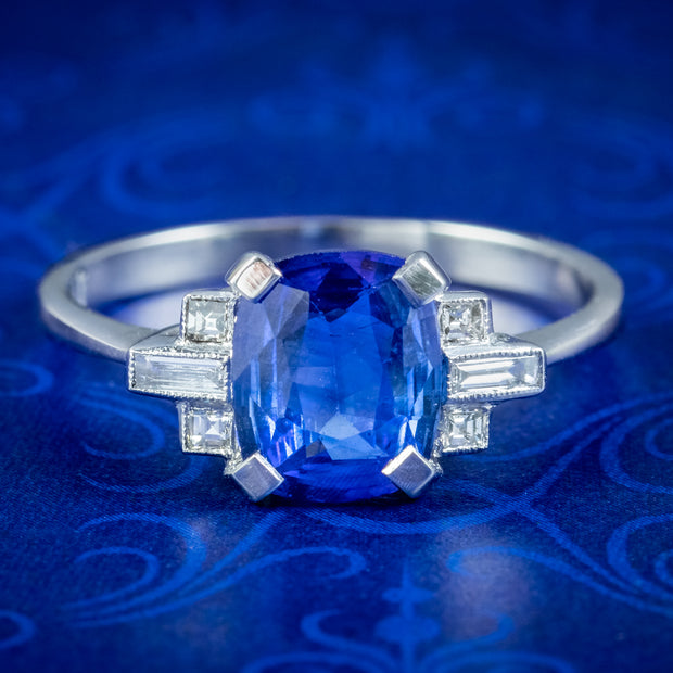 Art Deco Style Sapphire Diamond Ring 1.70ct Blue Sapphire