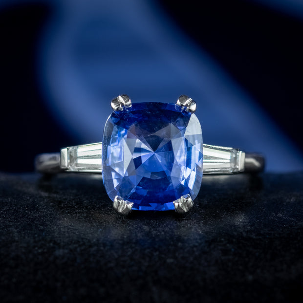 Art Deco Style Sapphire Diamond Trilogy Ring 3.25ct Sapphire