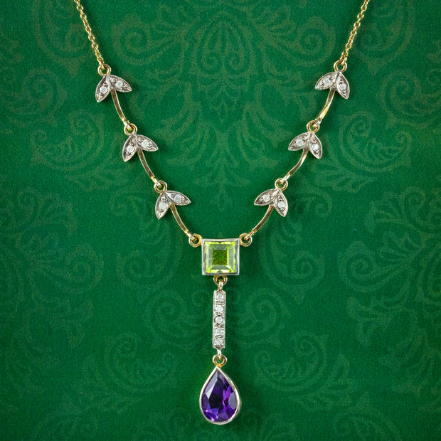 Art Deco Style Suffragette Lavaliere Necklace Peridot Amethyst Diamond