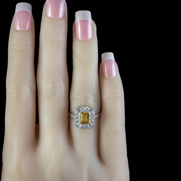Art Deco Style Yellow Sapphire Diamond Ring 1.30ct Sapphire 