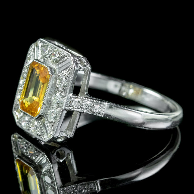 Art Deco Style Yellow Sapphire Diamond Ring 1.30ct Sapphire 