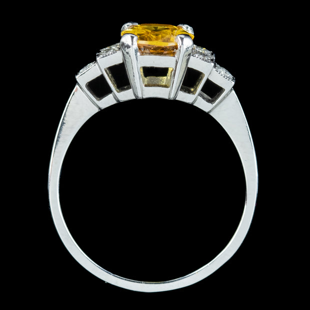 Art Deco Style Yellow Sapphire Diamond Ring 1.7ct Sapphire