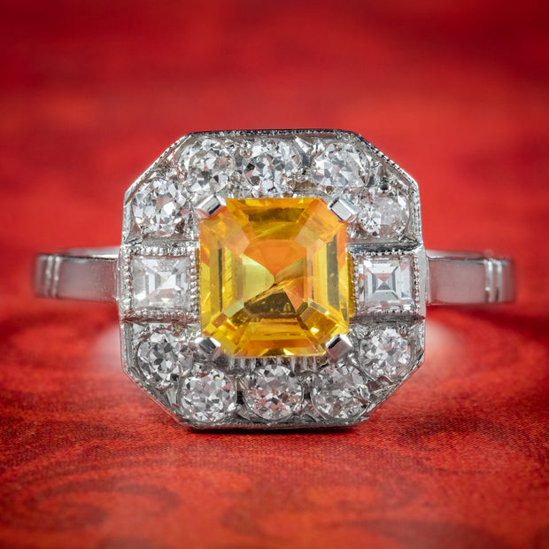 Art Deco Style Yellow Sapphire Diamond Ring 1ct Sapphire