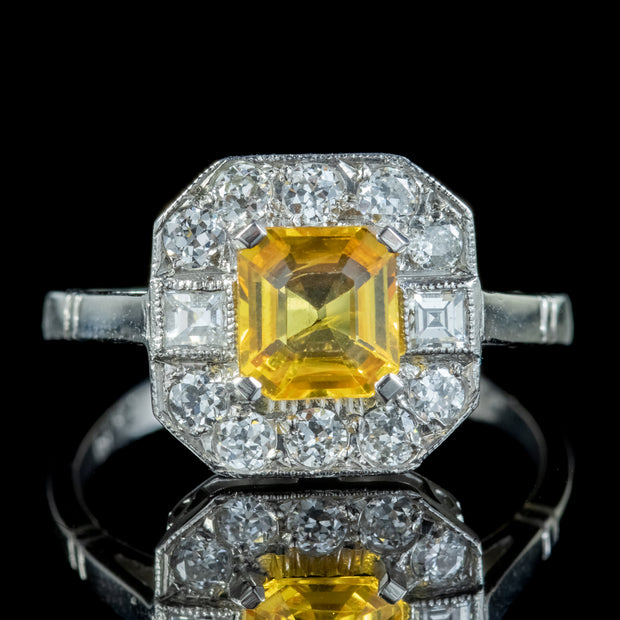 Art Deco Style Yellow Sapphire Diamond Ring 1ct Sapphire