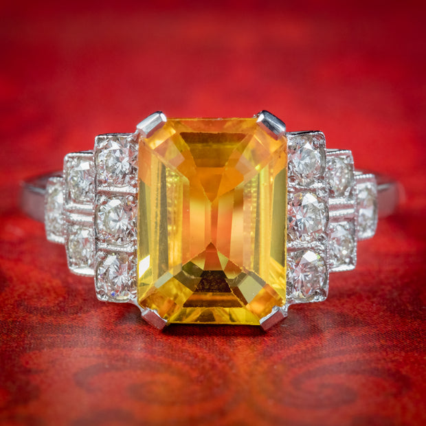 Art Deco Style Yellow Sapphire Diamond Ring 3ct Sapphire
