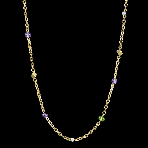 Art Deco Suffragette Chain Necklace 18ct Gold Amethyst Peridot Pearl