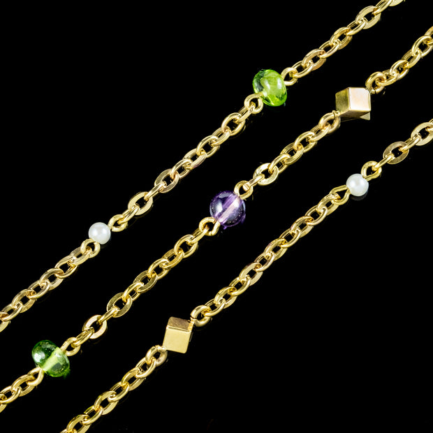 Art Deco Suffragette Chain Necklace 18ct Gold Amethyst Peridot Pearl