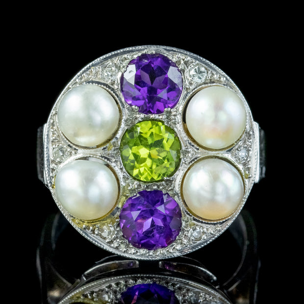 Antique Art Deco Suffragette Cocktail Ring Amethyst Peridot Diamond Pearl