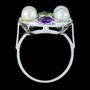 Antique Art Deco Suffragette Cocktail Ring Amethyst Peridot Diamond Pearl