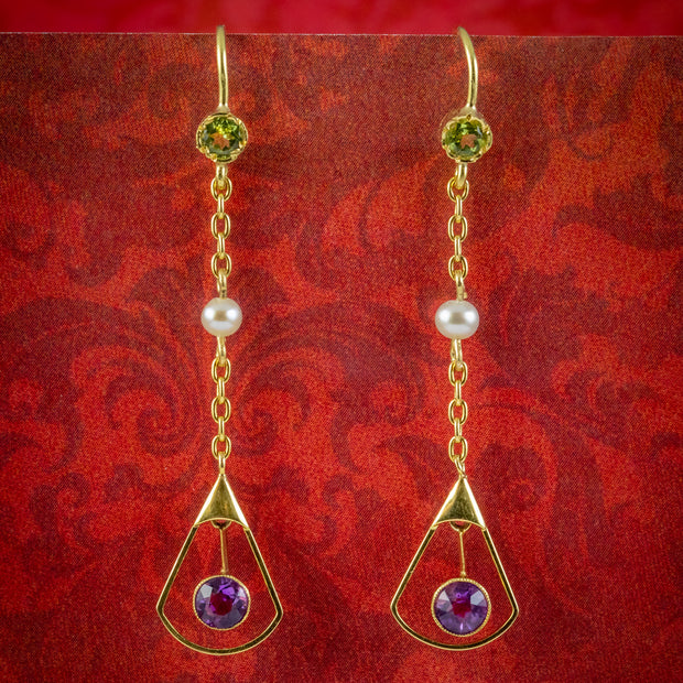 Art Deco Suffragette Drop Earrings 15ct Gold Circa 1920