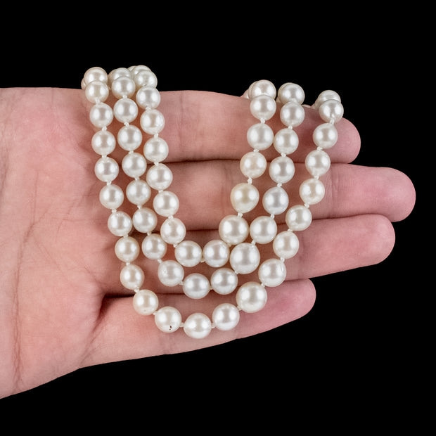 Art Deco Triple Strand Pearl Necklace Platinum Diamond Clasp