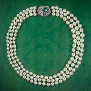 Art Deco Triple Strand Pearl Necklace Silver Paste Clasp Circa 1920