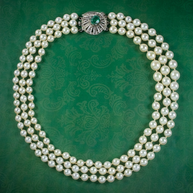 Art Deco Triple Strand Pearl Necklace Silver Paste Clasp Circa 1920