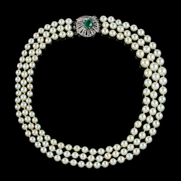 Art Deco Triple Strand Pearl Necklace Silver Paste Clasp Circa 1920