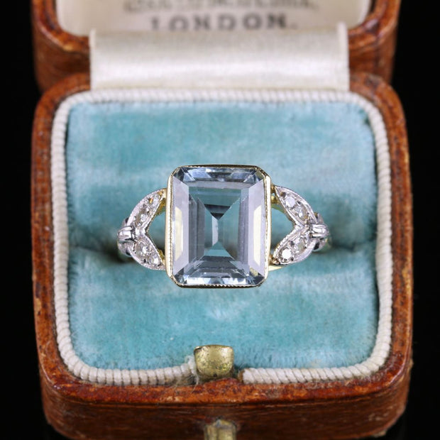 Art Deco Aquamarine Diamond Ring 18Ct Yellow Gold