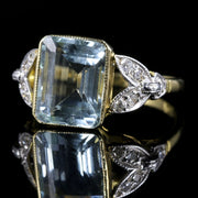 Art Deco Aquamarine Diamond Ring 18Ct Yellow Gold